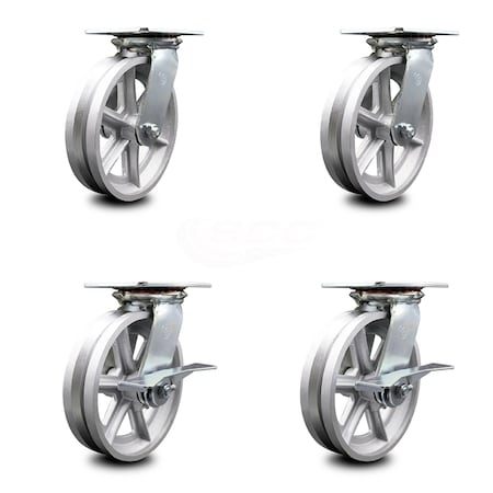 8 Inch V Groove Semi Steel Swivel Caster Set With Ball Bearings 2 Brakes SCC